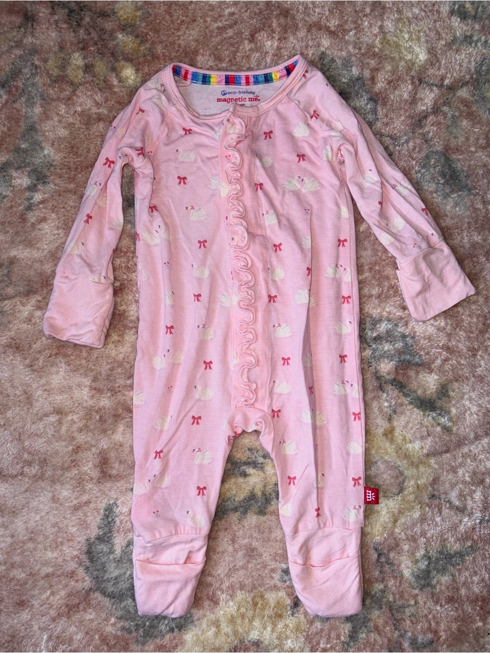 Magnetic Me Pink Swan and Bow Ruffle Zip Footed One-Piece